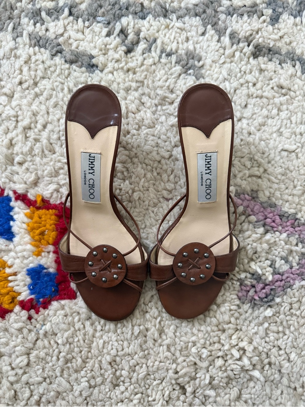 Jimmy Choo Brown Leather Studded Slide Heels